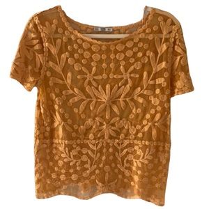 Zara Mustard Floral Lace Sheer Scallop Trim Top